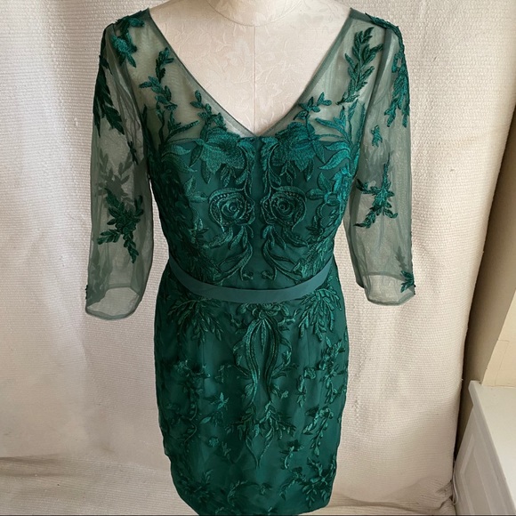Embroidered Mesh Formal Midi Dress Emerald Green - Picture 5 of 9